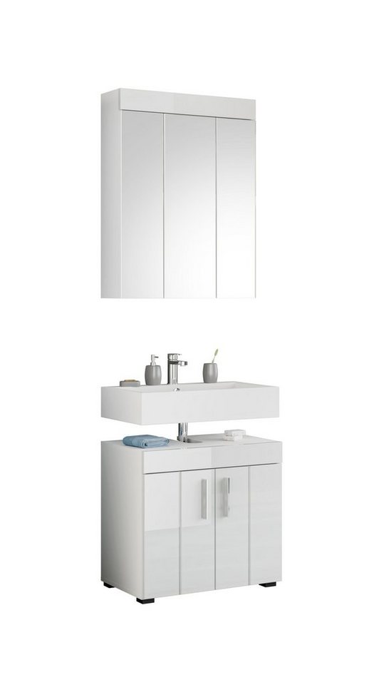 the kuup Badezimmer-Set Badkombination I Hochglanzfronten Weiß I Horizontale Akzentuierung, (Badezimmer-Set aus Spiegelschrank & Waschbeckenunterschrank, 2-tlg), Modell TK16 von the kuup