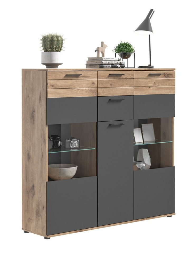 the kuup Highboard Highboard I Modell TK8 I Korpus Nox Oak Eiche Nachbildung I Front Balsat Grau Nachbildung I Abgesetzte Rillen von the kuup