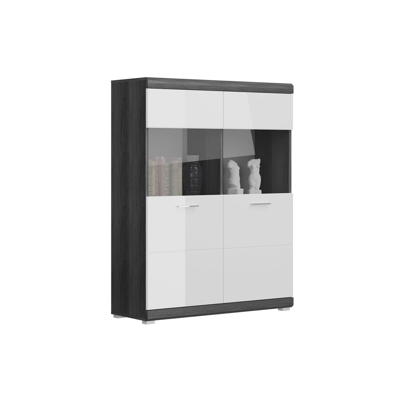 the kuup Highboard Highboard mit Glasfront I 8 Fächer I Modell TK15 I Weiße Hochglanzfronten I Korpus und Absetzung Rauchsilber Nachbildung von the kuup