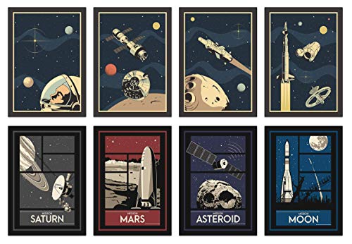 The Lazy Panda Card Company Weltraum Poster Set - 8 x A4 Vintage Universum Mit Kleinen Und Großen Astronauten von the lazy panda card company