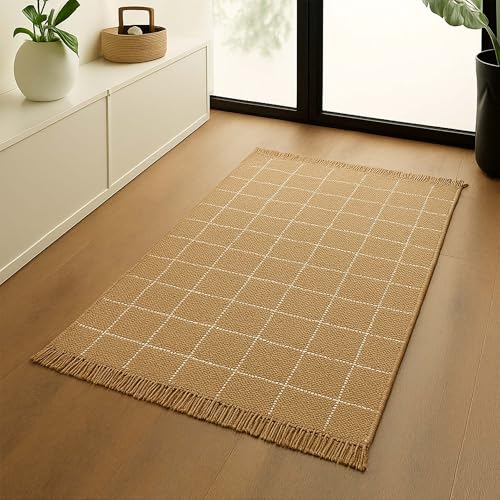 Handgefertigter 100 % natürlicher Jute-Teppich mit Quasten, langlebig, abwischbar und stilvoll, für Wohnzimmer, Schlafzimmer und alle Räume (weiß kariert, 70 x 120 cm) von the mask el turko