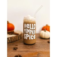 Trinkglas | To Go Glas Optional Mit Bambusdeckel Und Strohhalm Iced Coffee Becher Hello Pumpkin Spice von theaugustclub