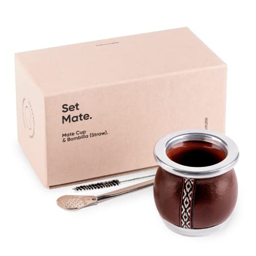 TheBmate [Tiny Mate Premium Set] Yerba Mate Tasse Handgefertigte Keramik Teetasse Kupferbraun Leder umwickelt handgefertigt in Uruguay Set Mate Tiny mit deutschem Silber Bombilla Strohhalm und von thebmate