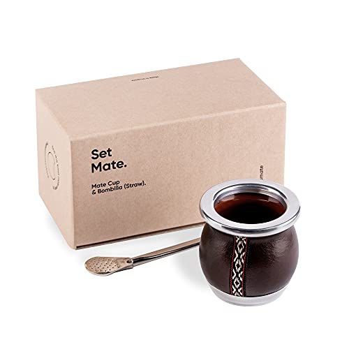 TheBmate [Tiny Mate Premium Set] Yerba Mate Tasse – Handgefertigte KeramikTeetasse – braunes Leder umwickelt handgefertigt in Uruguay – Set Mate Tiny mit deutschem SilberbombillaStrohhalm und von thebmate