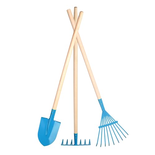 3 TLG Gartengeräte Set Garten Spaten Schaufel Laub Rechen Harke Kinder Hochbeet (Blau) von theener