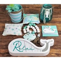 strand Und Wal Gestuftes Tablett Set ~ Sommer Tiered Tray Dekor Teal Blue Vines Inspiriertes von thefloralpigpillows