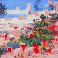 Gerahmtes Abstraktes Kunstdruck Leinwand | Rote Blumen Bunte Abstrakte Landschaft von thegingergallerie
