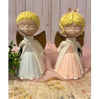 Vintage Chorengel ~ Keramik Weihnachtsengel Paar Singende Engel Blau Und Rosa Handbemalt 1980Er Jahre Winkel von thelittlebluehouse