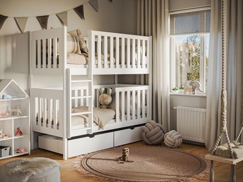 thematys® Hochbett Etagenbett Stockbett 90x200cm 90x200 für 2 Kinder mit 2 Schubladen umbaubar zu Zwei Einzelbetten mit Rausfallschutz Rolllattenrost für Jungen und Mädchen Kinderzimmer mit Matratzen von thematys