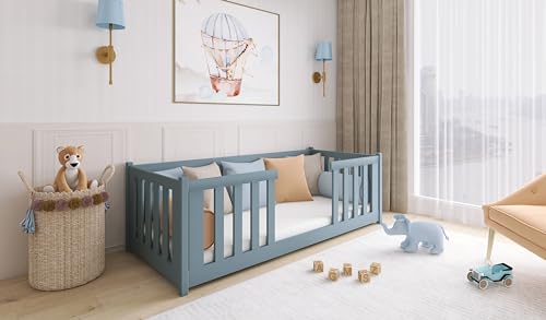 thematys® FERO Montessori Bodenbett 90x200 mit Rausfallschutz und Lattenrost - Kinderbett für Jungen und Mädchen, aus Kiefernholz (Grau mit Matratze) von thematys