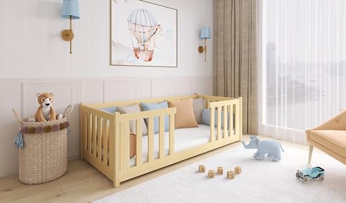 thematys® FERO Montessori Bodenbett 90x200 mit Rausfallschutz und Lattenrost - Kinderbett für Jungen und Mädchen, aus Kiefernholz (Natur mit Matratze) von thematys