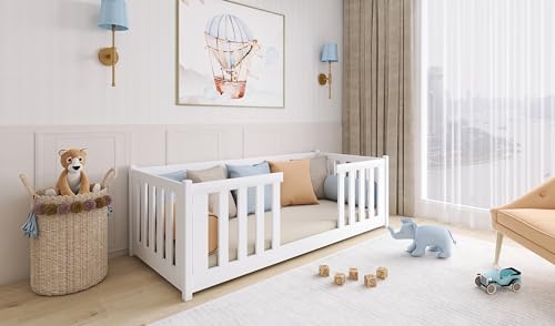 thematys® FERO Montessori Bodenbett 90x200 mit Rausfallschutz und Lattenrost - Kinderbett für Jungen und Mädchen, aus Kiefernholz (Weiß mit Matratze) von thematys