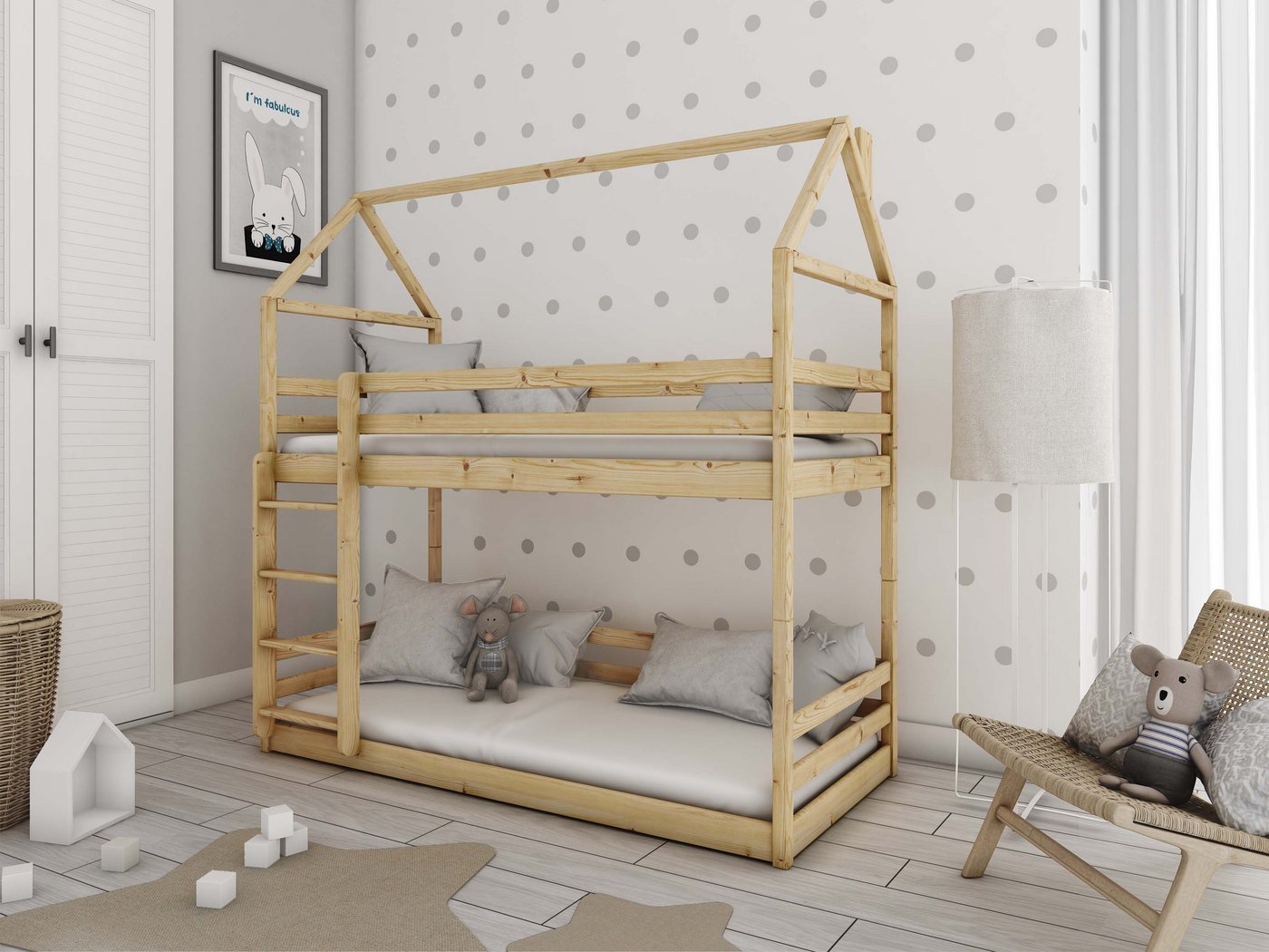 thematys Hausbett Bodenbett Etagenbett Hochbett Stockbett 90x200 cm für 2 Kinder (Kinderbett für Jungen und Mädchen, umbaubar zu zwei Einzelbetten), in Kiefer Natur von thematys