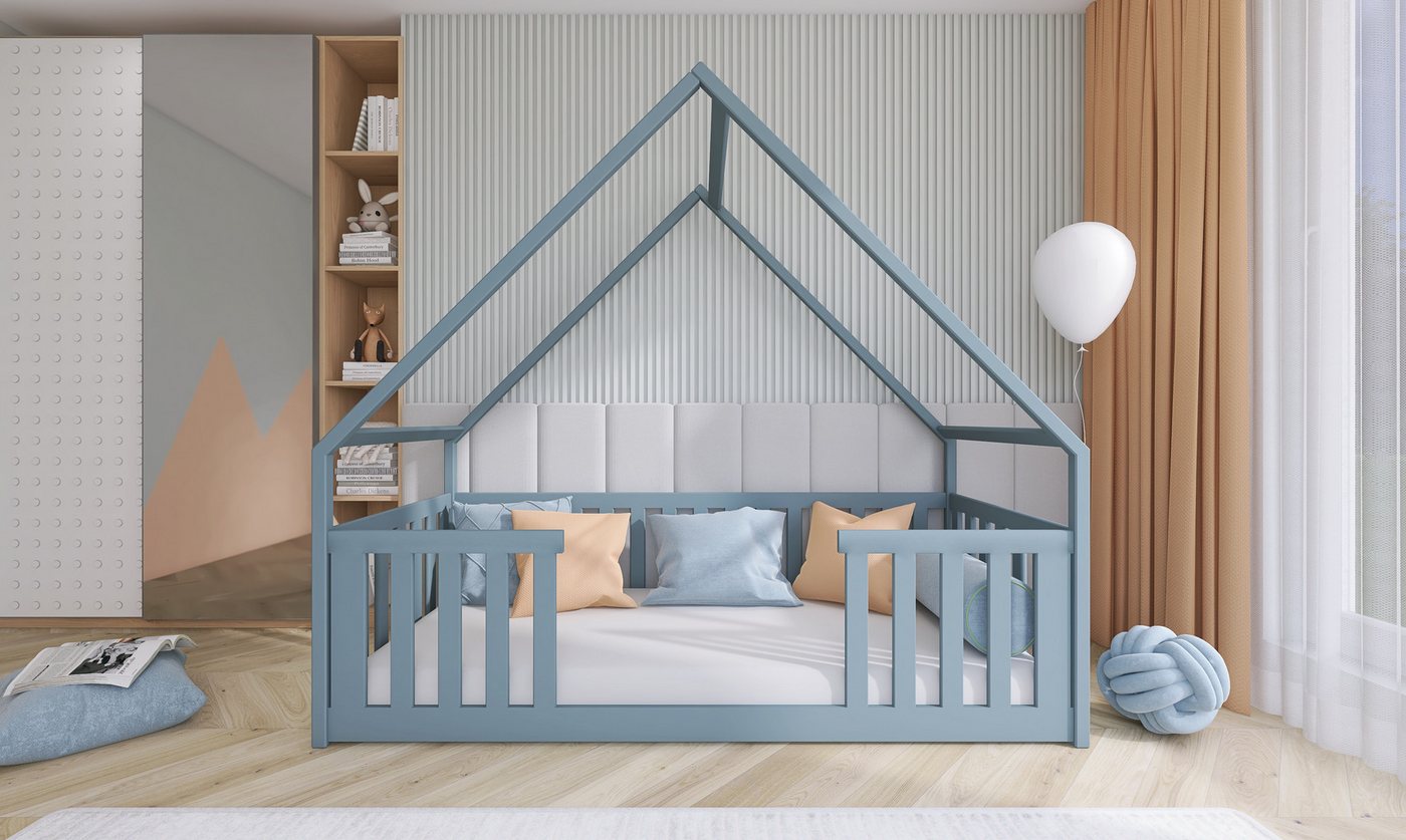 thematys Hausbett Bodenbett Kinderbett Laufstall mit Rausfallschutz (80x200cm in Grau, für Jungen und Mädchen), auch als Babybett geeignet von thematys