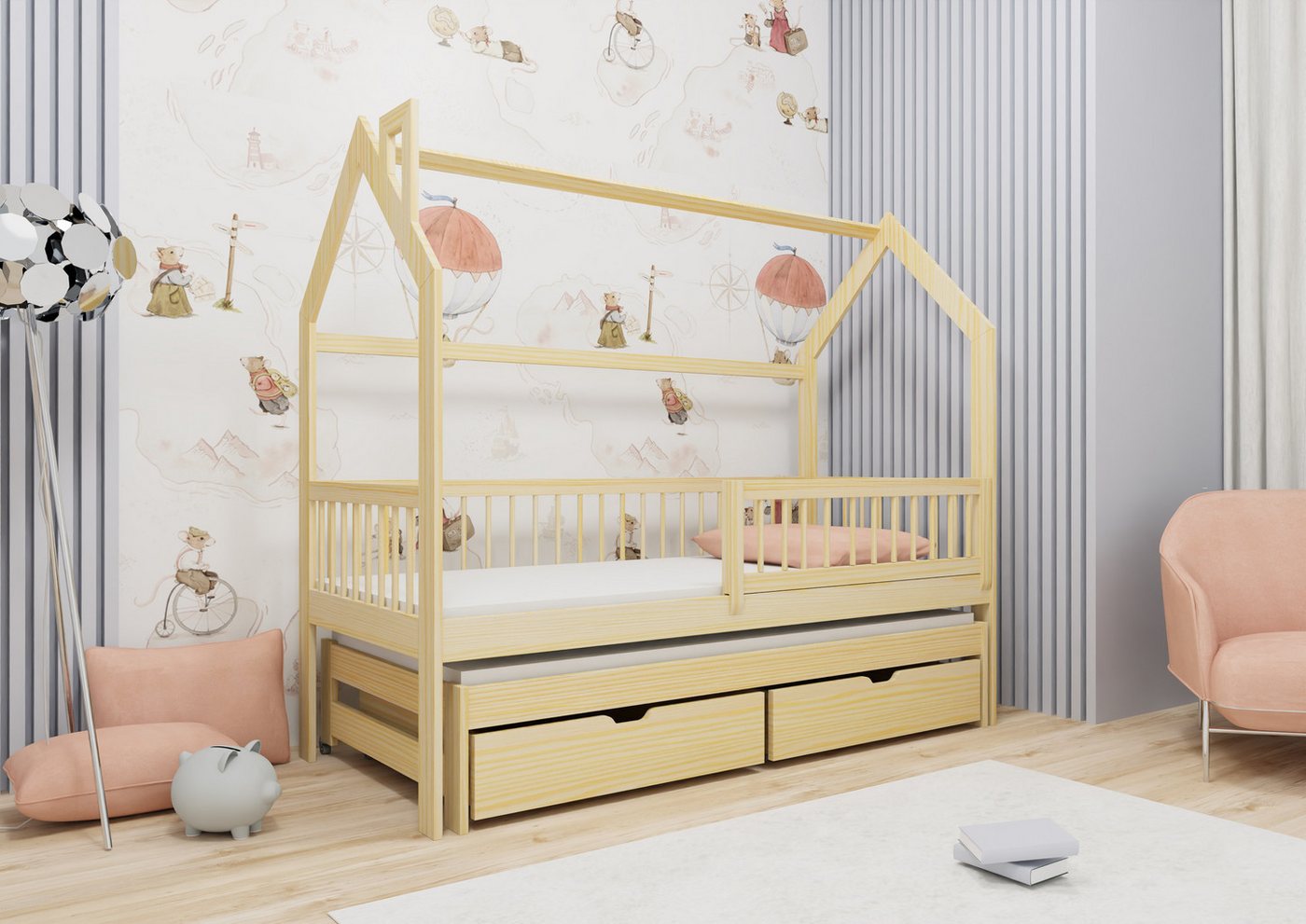 thematys Hausbett Kinderbett mit Ausziehbett und zwei Schubladen in weiß oder Natur (in den Größen 80x160, 80x180 und 90x200cm erhältlich, für Jungen und Mädchen, mit abnehmbaren Rausfallschutz), Kinderbett aus Kiefernholz thematys Hausbett Kinderbett mit Ausziehbett und zwei Schubladen in weiß oder Natur (in den Größen 80x160, 80x180 und 90x200cm erhältlich, für Jungen und Mädchen, mit abnehmbaren Rausfallschutz), Kinderbett aus Kiefernholz von thematys