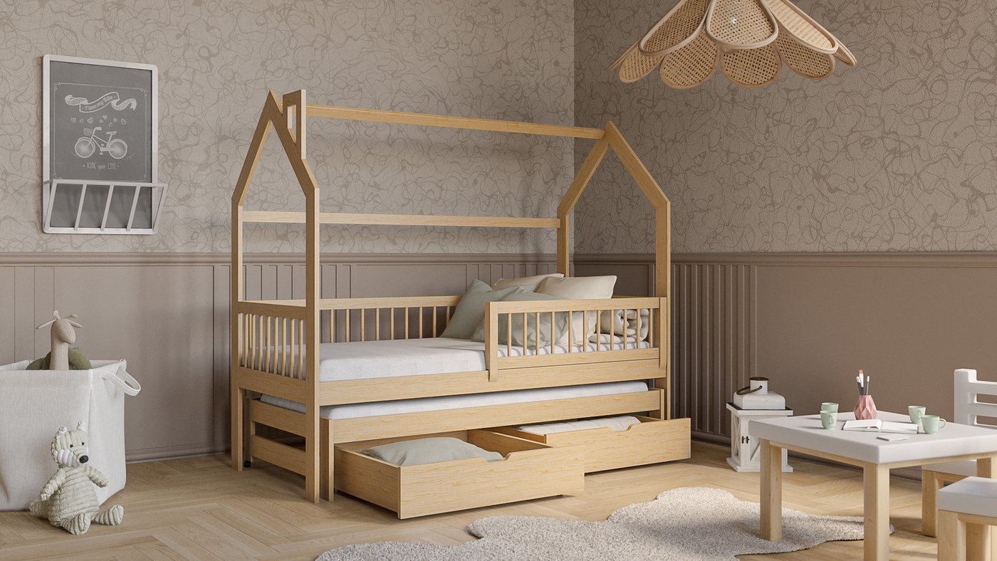 thematys Hausbett mit Ausziehbett Kinderbett und zwei Schubladen in weiß oder Natur (iMADE IN EU-in den Größen 80x160, 80x180 und 90x200cm erhältlich, für Jungen und Mädchen, mit abnehmbaren Rausfallschutz), Kinderbett aus Kiefernholz von thematys