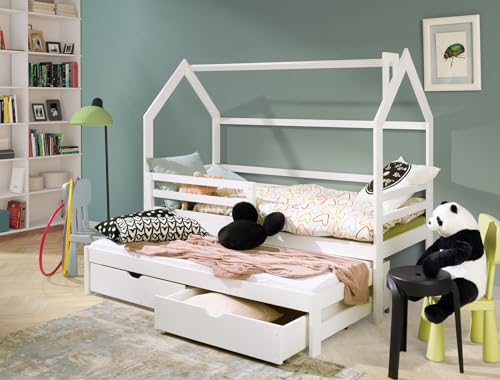 thematys Hausbett mit Ausziehbett und 2 Schubladen (Weiß, 80x180cm) mit Rausfallschutz für Jungen und Mädchen, Kinderzimmer-Bett, aus massiv Kieferholz von thematys