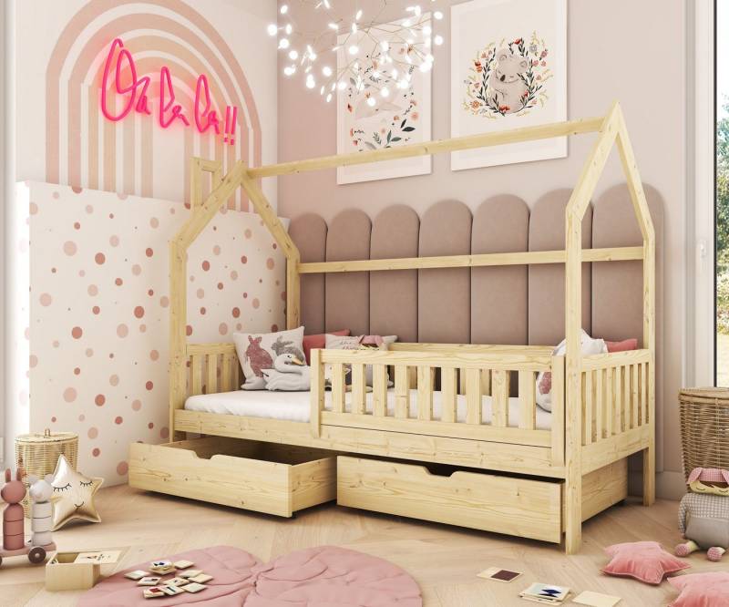 thematys Hausbett mit abnehmbaren Rausfallschutz, Hausbett mit zwei Schubladen (MADE IN EU-für Jungen und Mädchen, in weiß oder Naur, in den Größen 80x160, 80x180 und 90x200cm erhältlich), aus massiv Kieferholz von thematys
