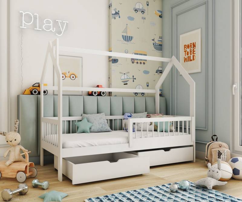 thematys Hausbett mit abnehmbaren Rausfallschutz, Hausbett mit zwei Schubladen (MADE IN EU-für Jungen und Mädchen, in weiß oder Naur, in den Größen 80x160, 80x180 und 90x200cm erhältlich), aus massiv Kieferholz von thematys