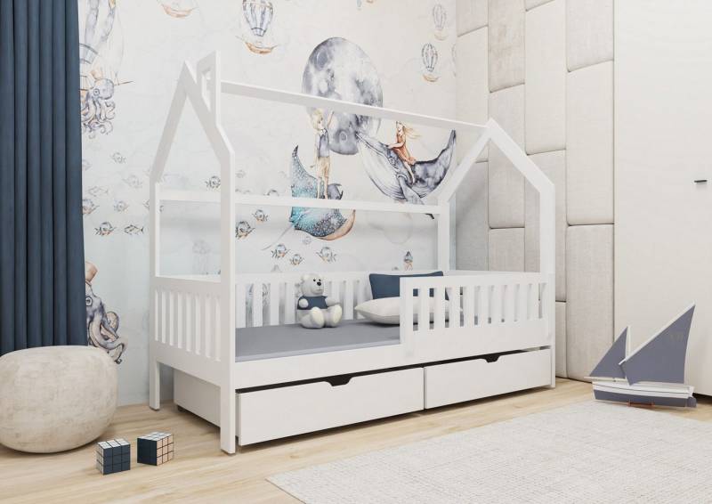 thematys Hausbett mit abnehmbaren Rausfallschutz, Hausbett mit zwei Schubladen (MADE IN EU-für Jungen und Mädchen, in weiß oder Naur, in den Größen 80x160, 80x180 und 90x200cm erhältlich), aus massiv Kieferholz von thematys