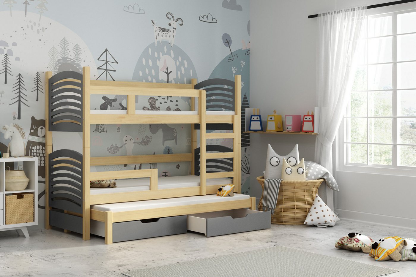 thematys Hochbett Etagenbett optional mit Ausziehbett + Inklusive Matratzen 180x80cm (MADE IN EU-Kinderbett für Jungen und Mädchen, in Weiß, Grau, Natur, Rosa, Grün oder Blau, inklusive Lattenroste - Aus Kiefernholz und MDF Platten gefertigt) mit zwei Schubladen von thematys