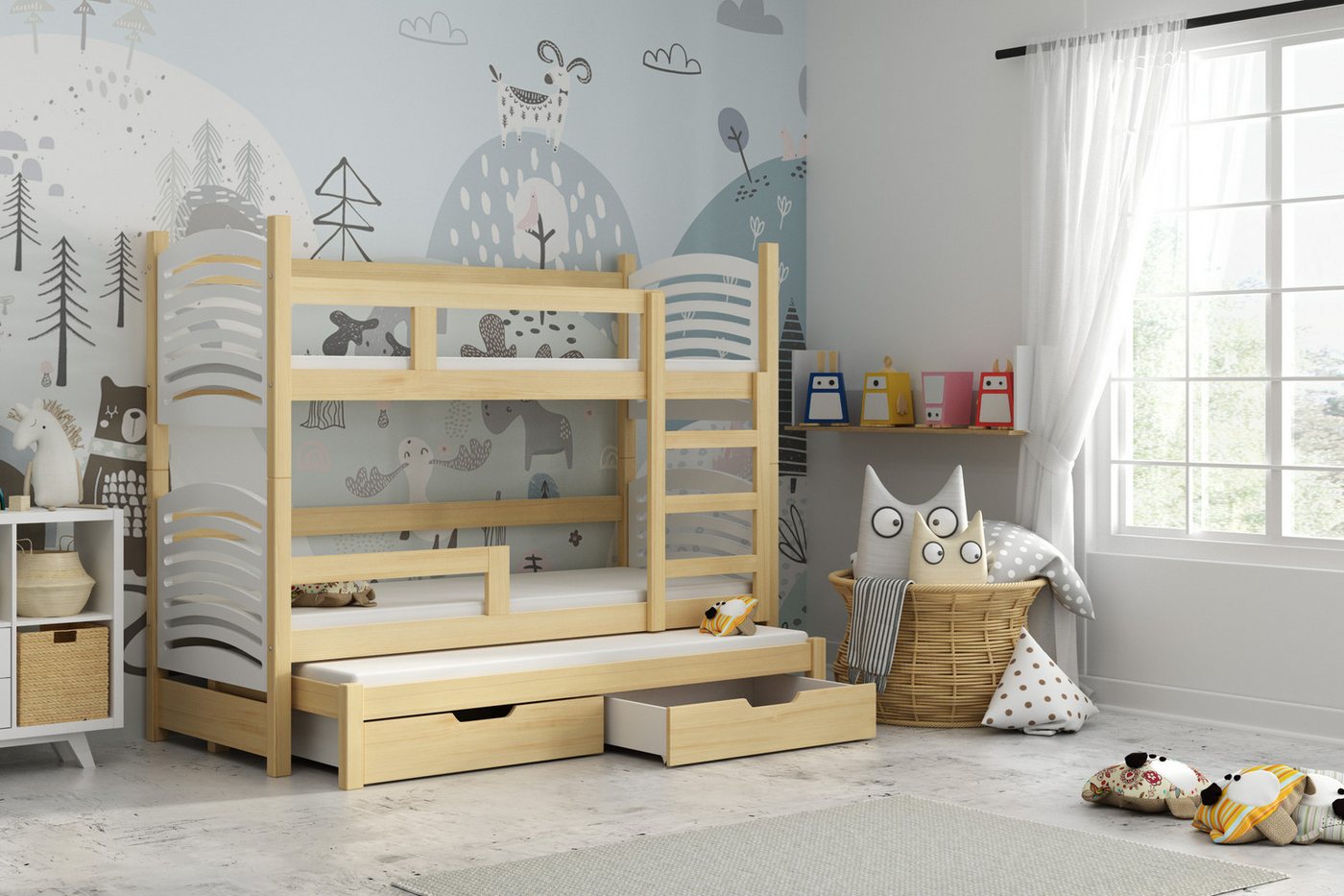 thematys Hochbett Etagenbett optional mit Ausziehbett + Inklusive Matratzen 180x80cm (MADE IN EU-Kinderbett für Jungen und Mädchen, in Weiß, Grau, Natur, Rosa, Grün oder Blau, inklusive Lattenroste - Aus Kiefernholz und MDF Platten gefertigt) mit zwei Schubladen von thematys