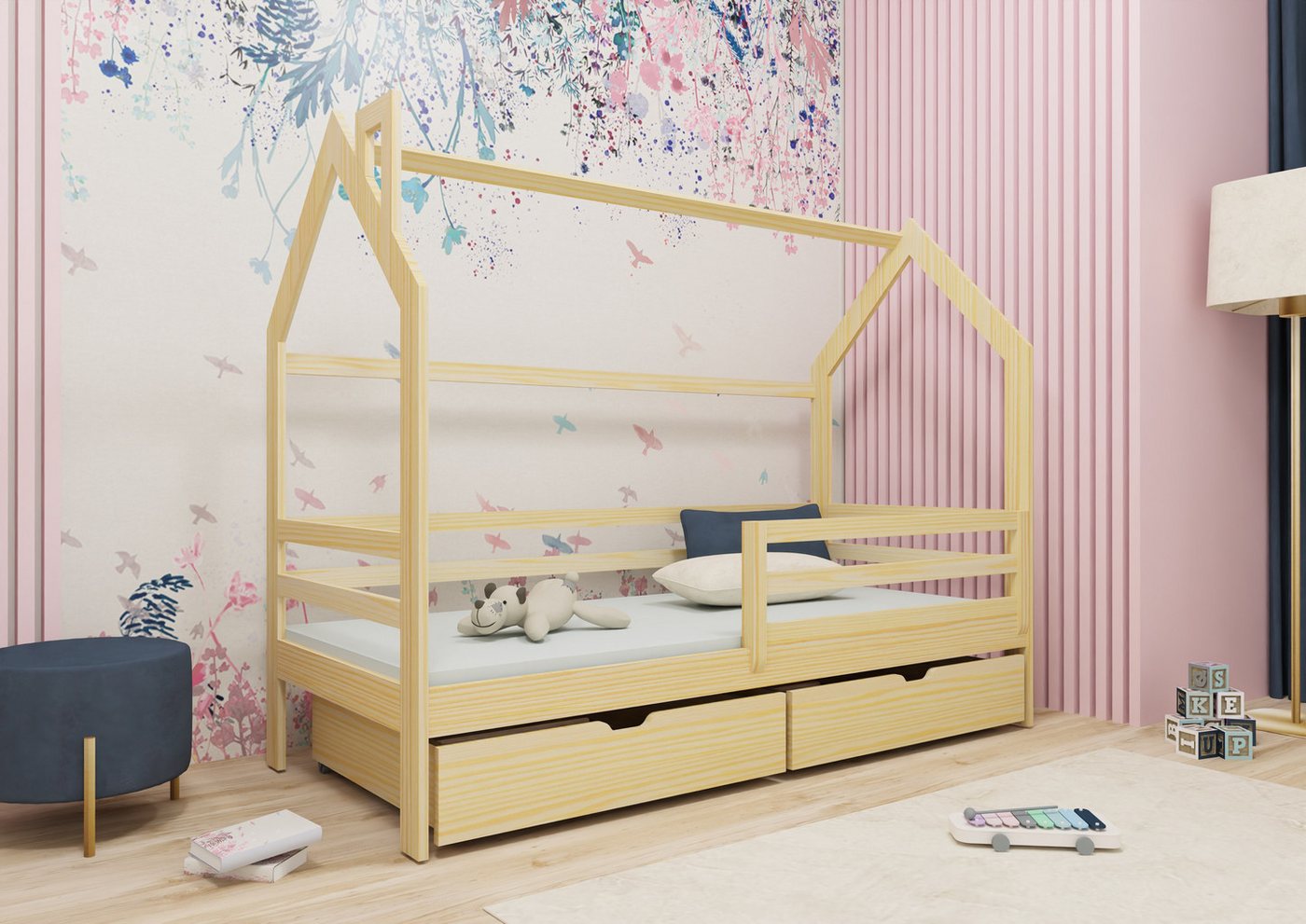 thematys Kinderbett Hausbett Jugendbett mit 2 Schubladen mit abnehmbaren Rausfallschutz (MADE IN EU - für Jungen und Mädchen, in weiß oder Naur, in den Größen 80x160, 80x180 und 90x200cm erhältlich), aus massiv Kieferholz von thematys