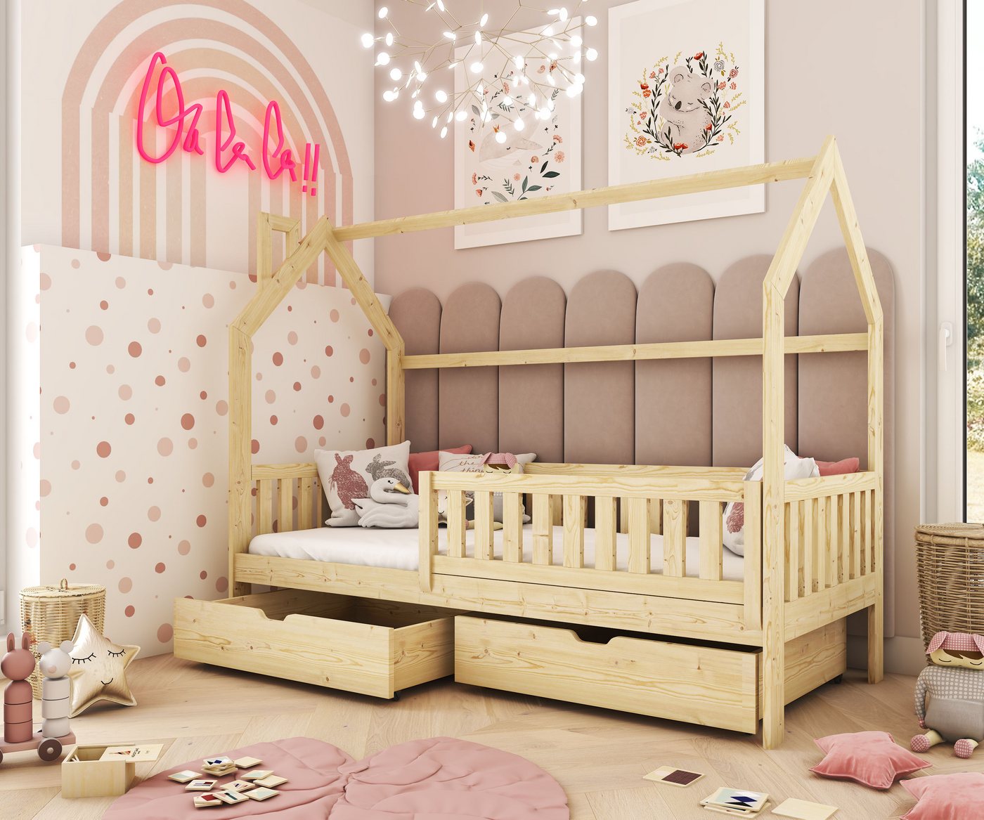 thematys Jugendbett Hausbett Kinderbett mit zwei Schubladen mit abnehmbaren Rausfallschutz (für Jungen und Mädchen, in weiß oder Naur, in den Größen 80x160, 80x180 und 90x200cm erhältlich), aus massiv Kieferholz von thematys