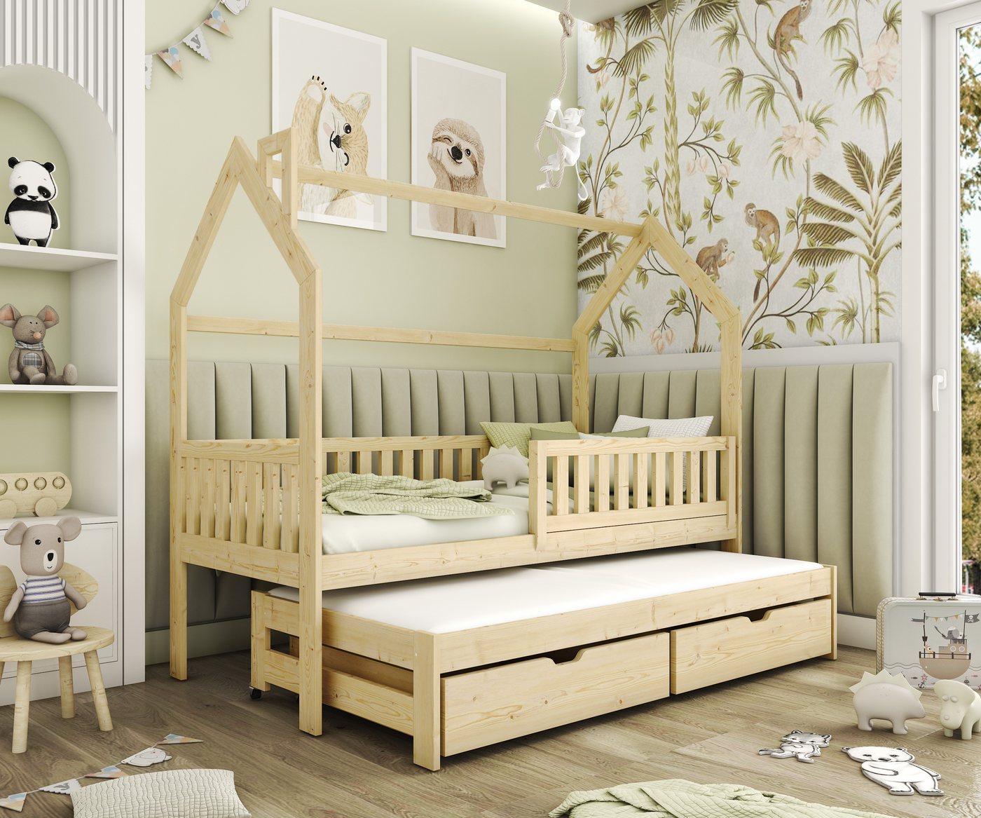 thematys Kinderbett Hausbett mit Ausziehbett und 2 Schubladen weiß / Natur Kinderbett (MADE IN EU - in den Größen 80x160, 80x180 und 90x200cm erhältlich, für Jungen und Mädchen, in weiß oder Naur), mit abnehmbaren Rausfallschutz von thematys
