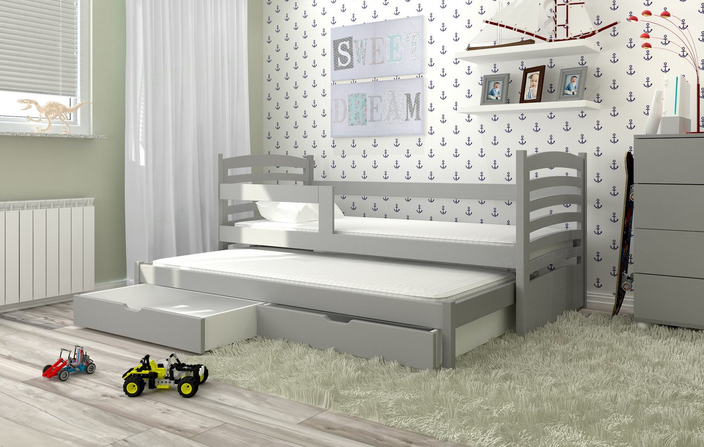 thematys Jugendbett Kinderbett mit abnehmbaren Rausfallschutz und zwei Schubladen 80x180cm (MADE IN EU-Inklusive Matratzen - für Jungen und Mädchen, in den Farben Rosa, Weiß, Blau, Grün, Orange und Natur), Kinderbett aus Kiefernholz und bunten MDF Platten von thematys