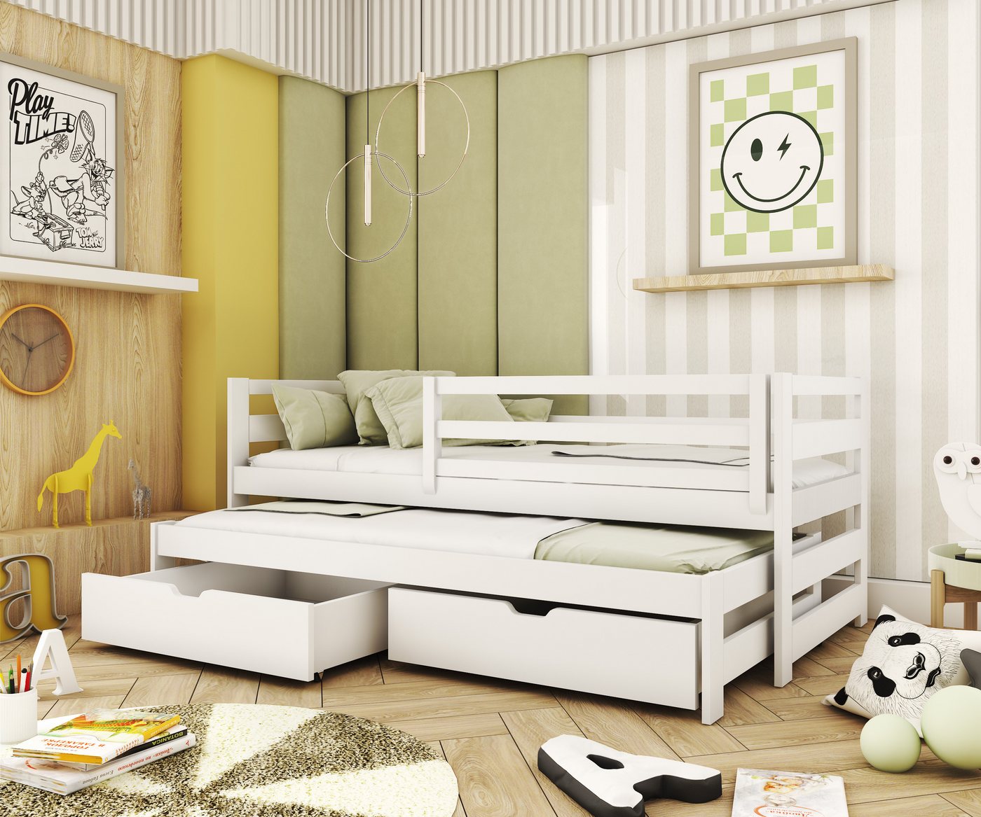 thematys Kinderbett mit Ausziehbett, in Weiß oder Natur mit Rausfallschutz (MADE IN EU - in den Größen 80x160, 80x180 und 90x200cm erhältlich, für 2 Kinder Jungen und Mädchen), mit Ausziehbett und zwei Schubladen von thematys