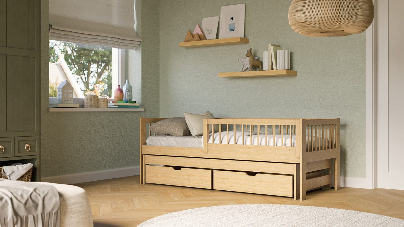 thematys Kinderbett mit zwei Schubladen und Ausziehbett in weiß, natur für Kinder (MADE IN EU - in den Größen 80x160, 80x180 und 90x200cm erhältlich, für Jungen und Mädchen, Bett aus Kiefernholz), mit abnehmbaren Rausfallschutz von thematys