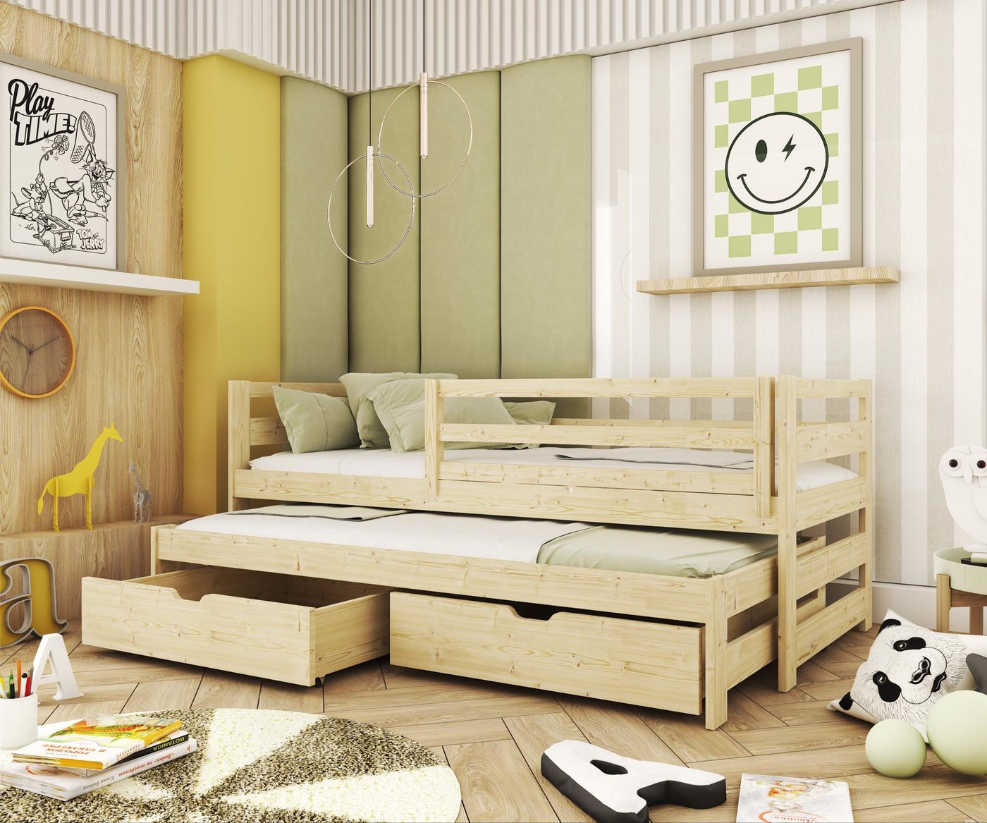 thematys Kinderbett mit Ausziehbett, in Weiß oder Natur mit Rausfallschutz (MADE IN EU - in den Größen 80x160, 80x180 und 90x200cm erhältlich, für 2 Kinder Jungen und Mädchen), mit Ausziehbett und zwei Schubladen von thematys