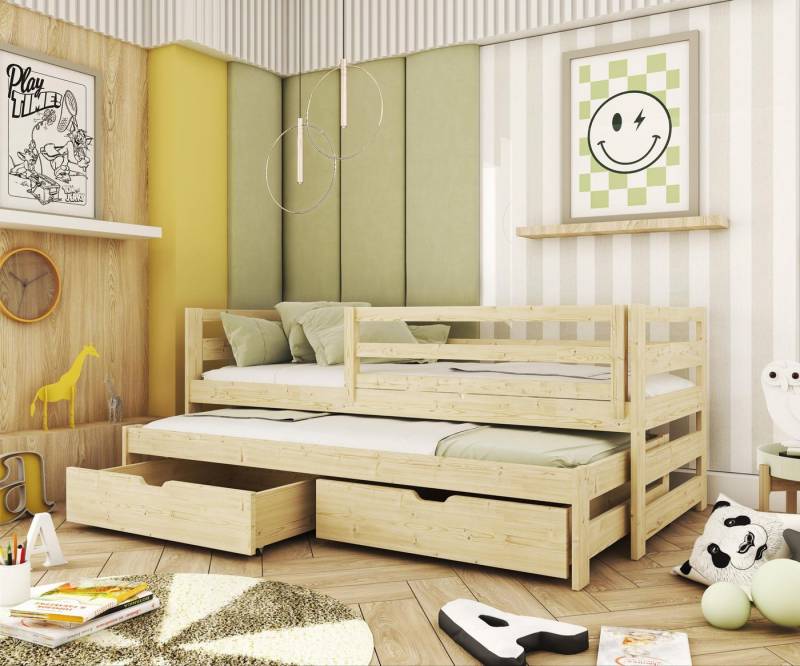 thematys Kinderbett mit Ausziehbett, in Weiß oder Natur mit Rausfallschutz (MADE IN EU - in den Größen 80x160, 80x180 und 90x200cm erhältlich, für 2 Kinder Jungen und Mädchen), mit Ausziehbett und zwei Schubladen von thematys