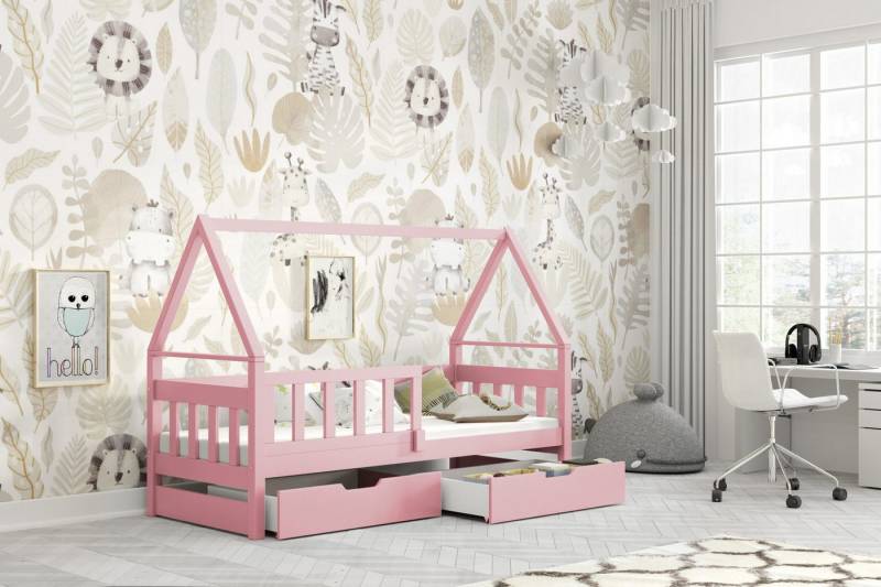 thematys Kinderbett mit Rausfallschutz und Ausziehbett und 2 Schubladen INKL. Matratzen (MADE IN EU-in den Größen 80x160 und 80x180cm erhältlich, für Jungen und Mädchen, mit abnehmbaren Rausfallschutz), Kinderbett aus Kiefernholz von thematys