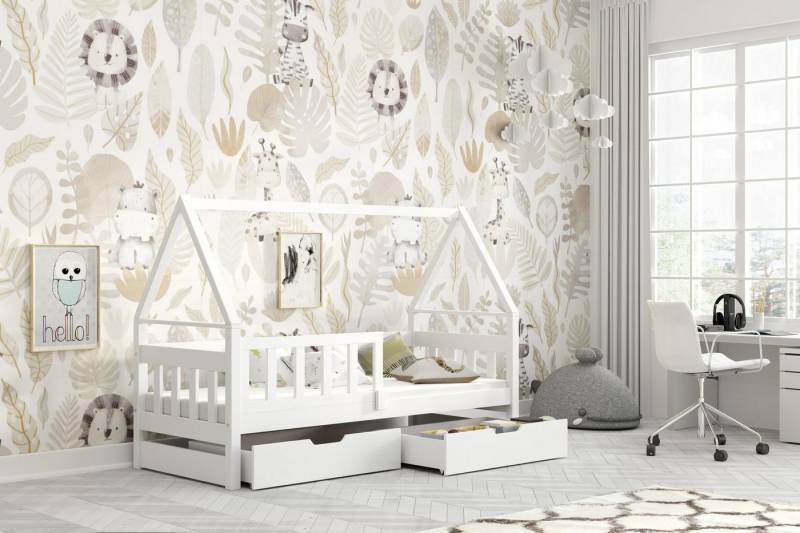 thematys Kinderbett mit Rausfallschutz und Ausziehbett und 2 Schubladen INKL. Matratzen (MADE IN EU-in den Größen 80x160 und 80x180cm erhältlich, für Jungen und Mädchen, mit abnehmbaren Rausfallschutz), Kinderbett aus Kiefernholz von thematys