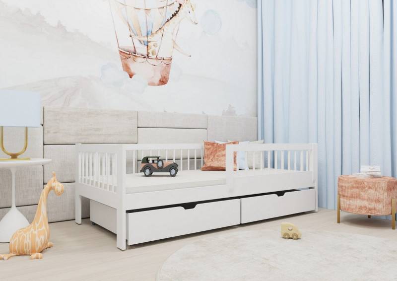 thematys Kinderbett mit Rausfallschutz und zwei Schubladen und Rolllattenrost (90x200cm Weiß für Kinder oder Jugendliche), Kinderzimmer für Jungen und Mädchen von thematys