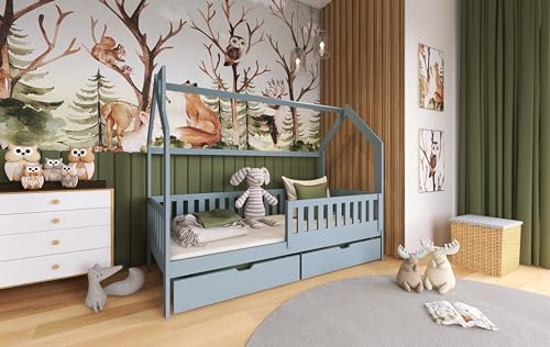 thematys Natan Kinderhaus-Bett 90x200 in Weiß, Grau, Hellgrau – Traumhafter Schlafplatz für sicheres Träumen (Hellgrau) von thematys