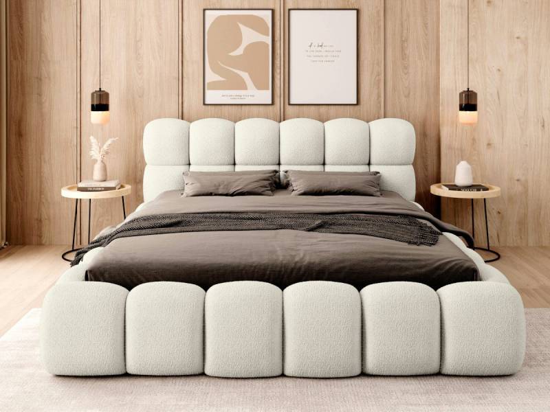 thematys Polsterbett mit Bettkasten, Stauraumbett, Bouclé 140x200 160x200 180x200 200x200cm (Kopfteil im Oversize-Look und Stauraum – weich, modern und pflegeleicht, Inklusive Lattenrost: Metall- oder Holzrahmen wählbar), hochwertiger Bouclé-Stoff in Weiß, Beige und Grau von thematys