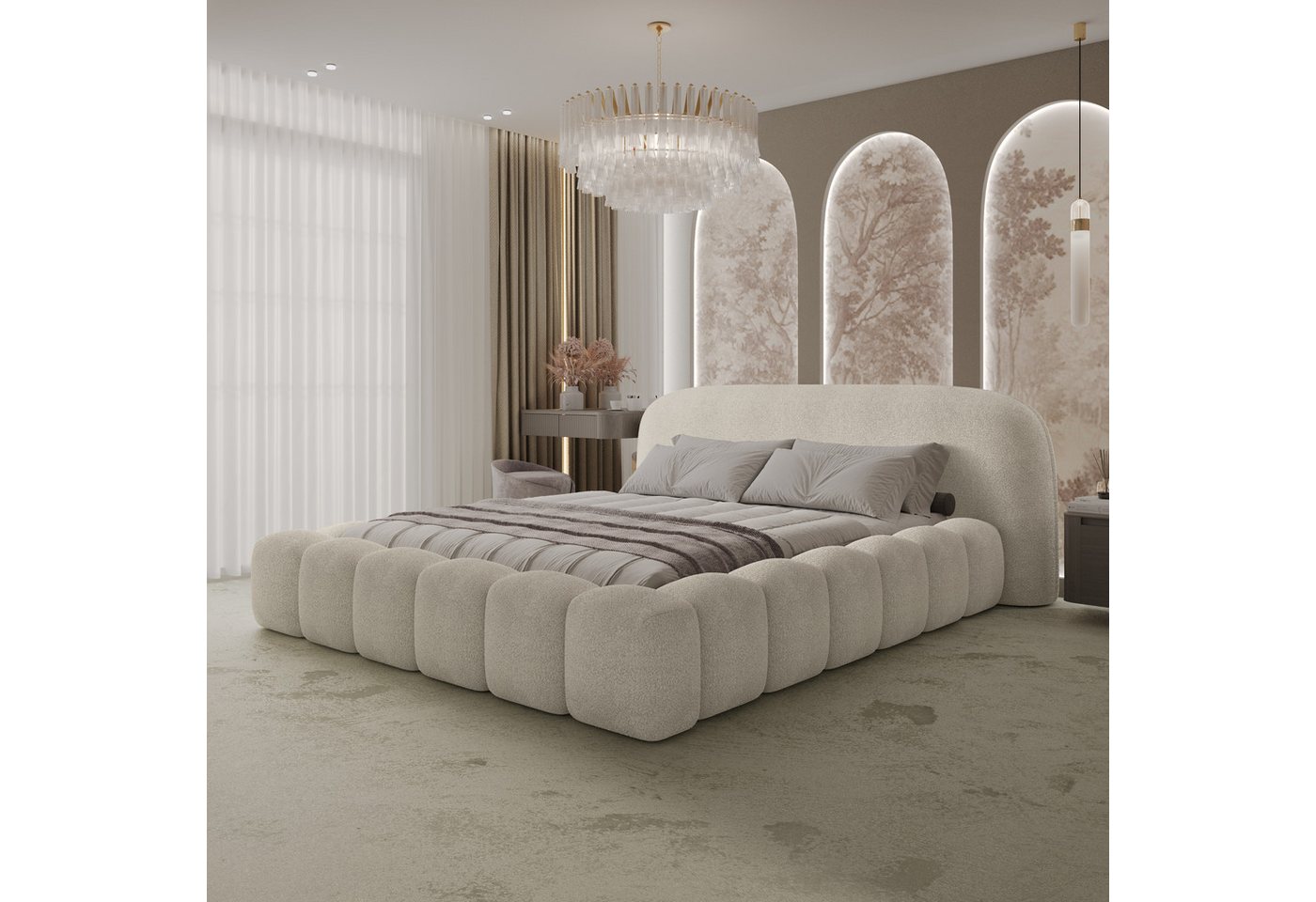 thematys Polsterbett mit Bettkasten, Stauraumbett, Bouclé 140x200 160x200 180x200 200x200cm (Kopfteil im Oversize-Look und Stauraum – weich, modern und pflegeleicht, Inklusive hochwertigen Lattenrost), hochwertiger Bouclé-Stoff in Weiß, Beige und Grau von thematys