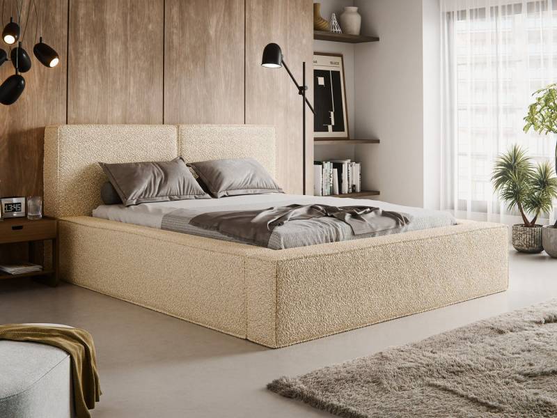 thematys Polsterbett mit Bettkasten, Stauraumbett, Bouclé 140x200 160x200 180x200cm Design (Bett, Kopfteil im Oversize-Look und Stauraum – weich, modern und pflegeleicht, Inklusive Lattenrost: Metallgestell mit hydraulischer Klappfunktion), hochwertiger Bouclé-Stoff in Weiß, Beige, Creme, Grau von thematys