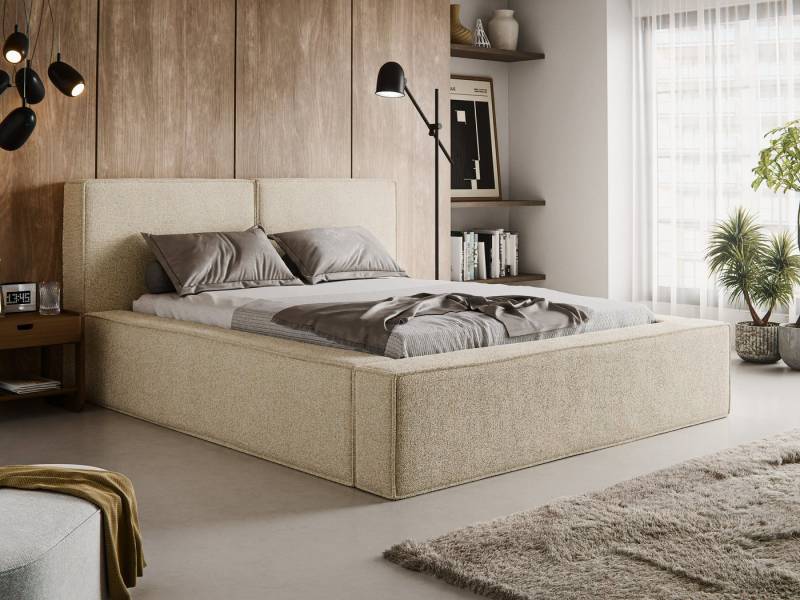 thematys Polsterbett mit Bettkasten, Stauraumbett, Bouclé 140x200 160x200 180x200cm Design (Bett, Kopfteil im Oversize-Look und Stauraum – weich, modern und pflegeleicht, Inklusive Lattenrost: Metallgestell mit hydraulischer Klappfunktion), hochwertiger Bouclé-Stoff in Weiß, Beige, Creme, Grau von thematys