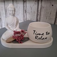 Deko Set Wellness Buddha Relax Yoga Entspannung Meditation Erholung Urlaub Geschenk Mitbringsel Raysin Tablett Kerze Teelicht Badezimmer von thinkofyoumimi