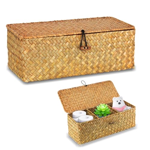 32 cm x 12 cm x 10 cm Korb mit Deckel Seegras, Rechteckiger Aufbewahrungskorb aus geflochtenem Rattan, Handgeflochtener Korb mit 3 Fächern für Badezimmer, Wohnzimmer, Küche (Hellorange) von thirei
