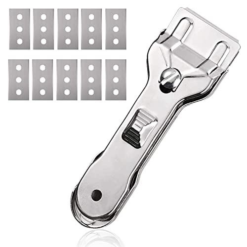 Ceranfeldschaber Metall, Schaber Ceranfeld mit 10Pcs Ersatzklingen, Zweischneidiger Reinigungsschaber, zum Entfernen von Flecken auf Herd, Glas und Keramik, Kochfeldschaber von thirei