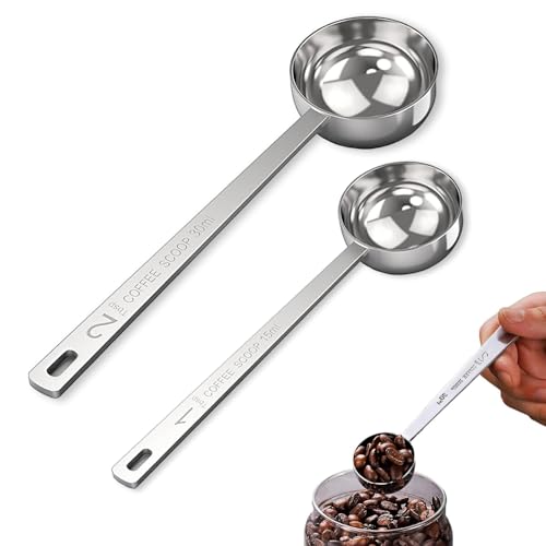 Kaffeelöffel Portionierer, 2 Stück Edelstahl Kaffee Messlöffel, 15 ml + 30 ml Kaffeemesslöffel, Langer Griff Kaffee Messlöffel Löffel, Kaffeeportionierer für gemahlenen Kaffee, Milch Brewin von thirei