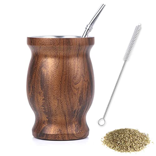 thirei Mate Becher, Mit Strohhalmlöffel und Reinigungsbürste, Mate Tee Set Geeignet für Mate Tee, Kaffee, Milch und Saft, Holzmaserung, 230ml von thirei