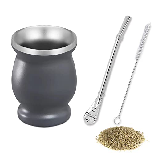 thirei Mate Becher, Mit Strohhalmlöffel und Reinigungsbürste, Mate Tee Set Geeignet für Mate Tee, Kaffee, Milch und Saft, Grau von thirei