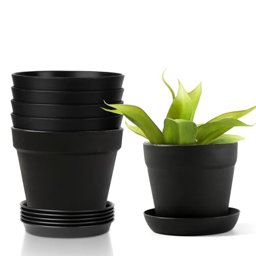thirei Blumentöpfe, 6er Set Plastik Übertopf Kräutertopf, 8,8cm Kunststoff Blumentopf mit Untersetzer, Rund Pflanzkübel, Blumentöpfe Innen Übertopf, für Innen und Balkon Sukkulenten Kaktus, Schwarz von thirei