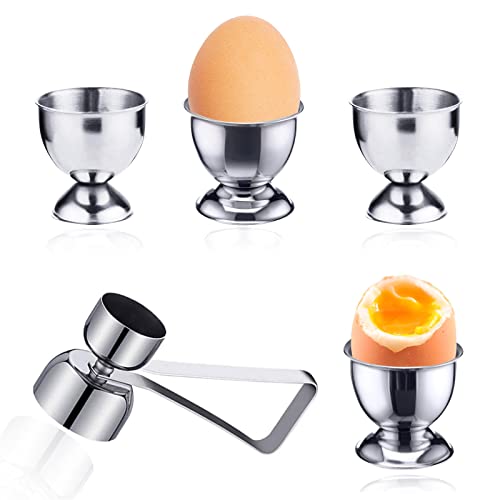 thirei Eierbecher Rostfreier Stahl 5er, Eierköpfer Edelstahl, Tablett Frühstück Egg Cup Halter für Weiches Harte Gekochtes Eier, Cracker Eierschale Abscheiderentferner, Kleine Weinglasform von thirei